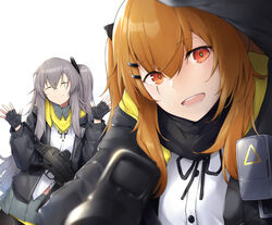  2girls aiming aiming_at_viewer bad_id bad_pixiv_id black_bow black_gloves black_pantyhose black_ribbon blush bow breasts brown_eyes brown_hair closed_eyes closed_mouth commentary_request crossed_bangs dabuki fingerless_gloves from_above girls&#039;_frontline gloves grey_hair grey_skirt gun h&amp;k_ump hair_between_eyes hair_ornament hairbow hairclip hands_up head_tilt heckler_&amp;_koch highres holding holding_gun holding_weapon hood hood_down hooded_jacket jacket leaning_in long_hair looking_at_viewer multiple_girls neck_ribbon no_shoes one_side_up pantyhose pleated_skirt pov ribbon scar scar_across_eye scar_on_face scarf shirt skirt smile submachine_gun twintails ump45_(girls&#039;_frontline) ump9_(girls&#039;_frontline) weapon white_shirt 