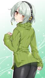  absurdres anby_demara ass black_pantyhose commentary_request female green_sweater headphones highres linreplica long_sleeves looking_back orange_eyes pantyhose ribbed_sweater short_hair solo sparkle sweater turtleneck turtleneck_sweater zenless_zone_zero 