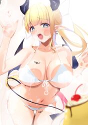  absurdres against_glass bikini black_wings blonde_hair blue_eyes blurry blurry_foreground breast_press breast_tattoo breasts breasts_on_glass collarbone cowboy_shot demon_girl demon_horns demon_tail female food heart heart-shaped_pupils highres hololive horns large_breasts leg_tattoo long_hair navel oekaki_zombie open_mouth pointy_ears pudding solo swimsuit symbol-shaped_pupils tail tattoo virtual_youtuber white_bikini wings yuzuki_choco 