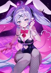  :3 :q ace_(playing_card) ace_of_hearts animal_ears arm_ribbon bare_shoulders black_leotard blue_eyes blue_hair bow bowtie card closed_mouth clothing_cutout colored_inner_hair commentary_request cuffs cutout_above_navel detached_collar drill_hair drill_sidelocks fake_animal_ears feet_out_of_frame female fishnet_pantyhose fishnets hair_ornament hand_up handcuffs hatsune_miku heart heart_cutout highres knees_up leotard long_hair looking_at_viewer multicolored_hair murumuru_(pixiv51689952) object_in_bra pantyhose pink_bow pink_bowtie pink_hair pink_nails pink_pupils pink_ribbon playboy_bunny playing_card rabbit_ears rabbit_hair_ornament rabbit_hole_(vocaloid) ribbon sidelocks sitting solo teardrop_facial_mark tongue tongue_out twintails very_long_hair vocaloid x_hair_ornament 