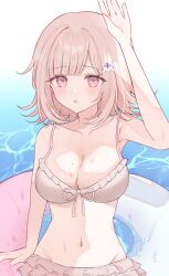  :o bikini blush breasts cleavage collarbone commentary_request danganronpa_(series) danganronpa_2:_goodbye_despair female galaga grey_bikini hair_ornament hairclip highres innertube large_breasts looking_at_viewer mi_suri mole mole_on_breast nanami_chiaki navel official_alternate_costume on_innertube partially_submerged pink_eyes pink_hair short_hair solo stomach swim_ring swimsuit water wet 