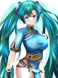  absurdres alternate_breast_size belt blue_dress blue_eyes dress female fingerless_gloves fire_emblem fire_emblem:_the_blazing_blade gloves glowing green_hair hand_on_own_chest hatsune_miku highres jewelry long_hair lyn_(fire_emblem) rufus solo twintails very_long_hair vocaloid white_background 