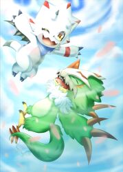  absurd_res anthro bandai_namco claws closed_eyes digimon digimon_(species) duo feathers feet gammamon green_body green_feathers hi_res horn hoshigeneration male mask one_eye_closed pteromon scalie smile talons toes white_body wings wink yellow_eyes 