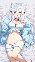  animal_ears bed bed_sheet blue_bow blue_eyes blue_jacket blush bow braid breasts camisole cat_ears cat_tail cleavage commission crescent crescent_hair_ornament darjeeling_(reley) female hair_ornament hairbow jacket large_breasts long_hair long_sleeves looking_at_viewer lying mole mole_under_mouth multicolored_hair navel nekono_yukino off_shoulder on_back on_bed open_clothes open_jacket open_mouth re:act red_hair second-party_source skeb_commission sleeves_past_wrists solo tail tail_ornament two-tone_hair virtual_youtuber white_camisole white_hair 