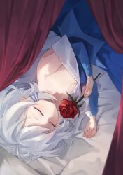  bed_sheet blue_dress breasts cleavage closed_eyes collar dress female flower gosegu hair_ornament hairclip highres holding holding_flower long_sleeves lying medium_breasts off-shoulder_dress off_shoulder on_back on_side red_curtains red_flower red_rose rose s0104y short_hair sleeping speeping virtual_youtuber waktaverse white_collar white_hair 