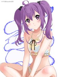  22/7 ahoge artist_name between_legs bikini black_ribbon blush collarbone female frilled_bikini frills hair_ribbon hand_between_legs highres indian_style looking_at_viewer nanairo_(nanairo227) purple_eyes purple_hair ribbon sitting solo swimsuit tojo_yuki twintails white_background 