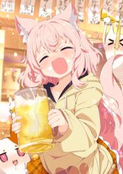  2others absurdres alcohol animal_ears beer beer_mug blurry blurry_background blush closed_eyes commission cup drunk female foam fox_ears fox_girl fox_tail frilled_skirt frills highres hood hooded_jacket jacket mug multiple_others open_mouth original pink_hair plaid_clothes plaid_skirt pleated_skirt shiro9jira skeb_commission skirt solo_focus tail yellow_jacket yellow_skirt 