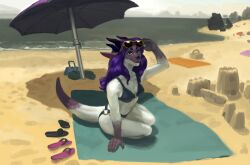  2_horns anthro beach bikini clothing countershade_face countershading crystal_dolores dragon eyewear female hair hi_res horn humanoid long_hair mythological_creature mythological_scalie mythology notadrian purple_hair reptile scalie solo solo_focus sunglasses swimwear two-piece_swimsuit white_body 