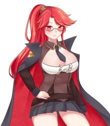  absurdres ahomushi994 black_necktie black_skirt breasts dress dress_shirt evo_3_(girls&#039;_frontline) evo_3_(mod3)_(girls&#039;_frontline) female girls&#039;_frontline glasses hair_ornament highres large_breasts long_hair necktie open_clothes ponytail red_eyes red_hair self-upload shirt skirt smile white_background 