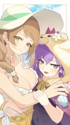  2girls animal_hood bernadetta_von_varley bernadetta_von_varley_(summer) bikini braid braided_ponytail breasts cleavage fire_emblem fire_emblem:_three_houses fire_emblem_engage fire_emblem_heroes flower flower_hat gbbgb321 gold_sarong goldmary_(fire_emblem) goldmary_(summer)_(fire_emblem) hair_over_shoulder hat hat_flower highres hood large_breasts long_hair multiple_girls official_alternate_costume purple_bikini ribbon sarong short_hair side_ponytail small_breasts sun_hat swimsuit white_bikini white_ribbon yellow_sarong 