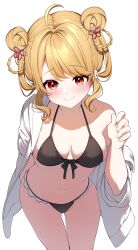  absurdres ahoge asahi_nina bikini black_bikini blonde_hair blush breasts closed_mouth commission cowboy_shot darjeeling_(reley) double_bun female front-tie_top hair_bun hair_ornament hand_up highres indie_virtual_youtuber jacket looking_at_viewer medium_breasts navel open_clothes open_jacket orange_eyes second-party_source simple_background skeb_commission smile solo swimsuit white_background white_jacket 