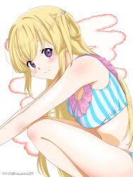  22/7 artist_name bikini blonde_hair blush breasts cleavage female frilled_bikini frills from_side fujima_sakura highres long_hair looking_at_viewer nanairo_(nanairo227) purple_eyes sidelocks single_hair_ring smile solo striped_bikini striped_clothes swimsuit vertical-striped_bikini vertical-striped_clothes white_background 