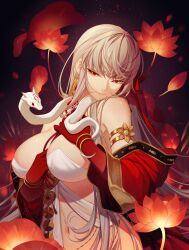  absurdres armlet bare_shoulders bracelet breasts cleavage colored_skin durga_(fate) earrings erchongbaojun fate/grand_order fate_(series) female grey_hair hair_in_own_mouth hair_ribbon highres indian_clothes jewelry large_breasts long_hair lotus_print pelvic_curtain red_eyes red_skin revealing_clothes ribbon snake solo white_snake 