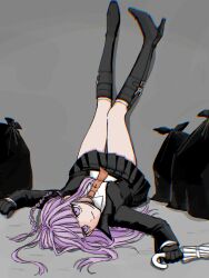  black_footwear black_gloves black_jacket black_ribbon black_skirt boots braid brown_necktie collared_shirt danganronpa:_trigger_happy_havoc danganronpa_(series) female gloves hair_ribbon high_heel_boots high_heels highres holding holding_umbrella jacket kirigiri_kyoko long_hair long_sleeves looking_at_viewer miniskirt necktie open_clothes open_jacket pink_eyes pink_hair pleated_skirt raamensusure ribbon shirt side_braid skirt solo trash_bag umbrella upside-down white_shirt 