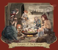  &gt;_&lt; 2girls 4boys :d animal_ears armor beard blue_hair blush brown_hair cahara_(fear_&amp;_hunger) cat_boy cat_ears cat_tail chilchuck_tims chilchuck_tims_(cosplay) cosplay d&#039;arce_(fear_&amp;_hunger) doll dungeon_meshi enki_(fear_&amp;_hunger) extra_eyes facial_hair fear_&amp;_hunger floating_head food grey_hair highres holding holding_doll hotpot izutsumi izutsumi_(cosplay) laios_touden laios_touden_(cosplay) lilio long_hair looking_at_food marcille_donato marcille_donato_(cosplay) meat medium_hair midriff moonless_(fear_&amp;_hunger) moustache multiple_boys multiple_girls muscular muscular_male nas&#039;hrah_(fear_&amp;_hunger) no_shirt orange_hair parody ragnvaldr_(fear_&amp;_hunger) reading red_hair scar scar_across_eye senshi_(dungeon_meshi) senshi_(dungeon_meshi)_(cosplay) severed_head short_hair smile sweatdrop tail the_girl_(fear_&amp;_hunger) twitter_username wolf 