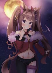  akiyama_neo alternate_costume animal_ears breasts brown_eyes cleavage closed_mouth collarbone female groin highres horse_ears horse_girl horse_tail moon navel night pants purple_eyes small_breasts smile solo sweep_tosho_(umamusume) tail thighhighs twintails umamusume 