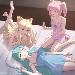  3girls absurdres barefoot bed blonde_hair blue_eyes blue_nightgown bow breasts cleavage covered_navel drawing_on_another&#039;s_face drill_hair hairbow hanabishi_haruka highres linhcoris long_hair lying mahou_shoujo_ni_akogarete marker minakami_sayo multiple_girls nightgown on_back on_stomach pink_nightgown sitting sleeping tenkawa_kaoruko twin_drills very_long_hair wariza yellow_nightgown 