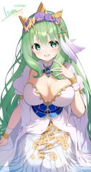  :d absurdres anastigal_elmar_engel_berglund blue_brooch blush breasts brooch cleavage commission commissioner_name darjeeling_(reley) dress elf female flower green_eyes green_hair hair_flower hair_ornament hand_up highres iris_mysteria! jewelry large_breasts long_hair looking_at_viewer open_mouth pointy_ears purple_flower purple_rose rose second-party_source signature simple_background sitting skeb_commission smile solo thank_you white_background white_dress 