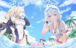  3girls :d animal_ear_fluff animal_ears black_jacket blonde_hair blue_archive blue_eyes blue_halo blue_sky breasts clenched_teeth cloud covered_navel day double_bun fubuki_(blue_archive) fubuki_(swimsuit)_(blue_archive) goggles goggles_on_head hair_bun halo highres jacket kanna_(blue_archive) kanna_(swimsuit)_(blue_archive) kirino_(blue_archive) kirino_(swimsuit)_(blue_archive) large_breasts long_hair medium_breasts multiple_girls official_alternate_costume open_mouth outdoors pink_halo ponytail sharp_teeth short_hair sky smile sun swimsuit synn032 teeth thighs valkyrie_police_academy_swimsuit 