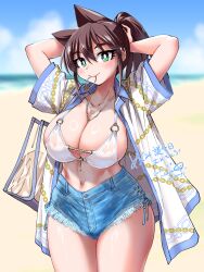  amano_megumi amano_megumi_wa_suki_darake! arms_behind_head bag beach bikini blurry blurry_background breasts brown_hair female green_eyes highres jewelry large_breasts looking_at_viewer navel necklace nekoguchi outdoors ponytail shorts shoulder_bag solo swimsuit thighs white_bikini 