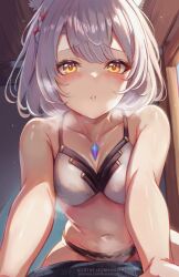  1boy animal_ears artist_name bikini blush braid breasts cat_ears chest_jewel cleavage collarbone core_crystal_(xenoblade) cowgirl_position english_commentary female grey_hair highres in_heat leonmandala looking_at_viewer medium_breasts mio_(xenoblade) navel parted_lips patreon_username pov short_hair swimsuit white_bikini xenoblade_chronicles_(series) xenoblade_chronicles_3 yellow_eyes 