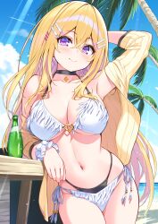  beach bikini black_choker blonde_hair blue_sky bottle breasts choker closed_mouth cloud commentary_request cu-no day female hair_ornament hairclip hakurei_botan highres hisen_kaede large_breasts long_hair looking_at_viewer ocean outdoors palm_tree purple_eyes side-tie_bikini_bottom sky solo standing swimsuit thighs tree white_bikini 