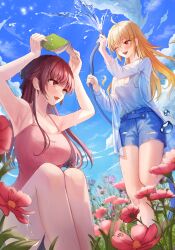  2girls :d ;d ahoge armpits black_bow black_shorts blonde_hair blue_shorts blue_sky bow breasts bukkuming camisole cleavage cleavage_cutout clothing_cutout cloud day field flower flower_field hair_ornament hairbow hairclip highres holding holding_hose hose jacket jingburger jururu large_breasts long_hair multiple_girls one_eye_closed outdoors pink_camisole pink_flower purple_eyes purple_hair red_eyes ribbed_camisole see-through see-through_jacket short_shorts shorts sitting sky smile standing standing_on_one_leg summer very_long_hair virtual_youtuber waktaverse water water_drop white_camisole white_jacket 