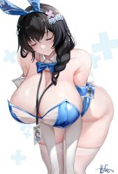  animal_ears baige0 bare_hips bare_shoulders bent_over black_hair blue_bow blue_bowtie blue_leotard blush bow bowtie braid braided_ponytail breasts cleavage closed_eyes closed_mouth collarbone curvy detached_collar elbow_cuffs elbow_gloves fake_animal_ears female gloves goddess_of_victory:_nikke hair_ornament hair_over_shoulder hanging_breasts huge_breasts id_card lanyard leotard long_hair mary_(medical_rabbit)_(nikke) mary_(nikke) meme_attire nontraditional_playboy_bunny rabbit_ears rabbit_hair_ornament rabbit_tail see-through see-through_leotard simple_background smile solo tail thighhighs translucent_bunnysuit white_background white_gloves white_thighhighs wide_hips 