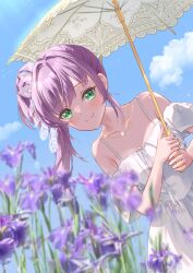  absurdres alternate_costume blue_sky blurry blurry_foreground blush check_commentary closed_mouth cloud collarbone commentary_request dress female flower green_eyes hair_bun highres holding holding_umbrella iris_(flower) jewelry kobassy link!_like!_love_live! lone_nape_hair long_hair looking_at_viewer love_live! necklace off-shoulder_dress off_shoulder otomune_kozue purple_flower purple_hair short_sleeves side_ponytail sidelocks single_side_bun sky smile solo split_mouth umbrella virtual_youtuber white_dress 