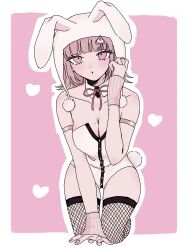  :o animal_ears animal_hood arm_warmers armlet bare_shoulders blush breasts brown_hair cleavage danganronpa_(series) danganronpa_2:_goodbye_despair fake_animal_ears female fishnet_thighhighs fishnets galaga hair_ornament heart highres hood large_breasts medium_hair nanami_chiaki neck_ribbon official_alternate_costume pink_background pink_eyes pink_ribbon raamensusure rabbit_ears rabbit_hood ribbon solo thighhighs two-tone_leotard white_background 