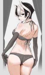  absurdres ass black_eyes black_hair bra breasts closed_mouth curtains elbow_gloves facing_away female gloves grey_bra grey_gloves grey_panties hair_between_eyes halterneck highres looking_back made_in_abyss miles2213x multicolored_hair ozen panties pillarboxed scar scar_on_back smile solo two-tone_hair underwear white_background white_hair 