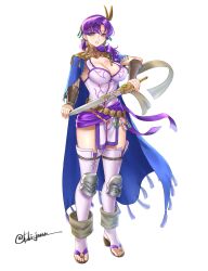  absurdres blue_cape cape female fire_emblem fire_emblem:_the_binding_blade highres holding holding_sword holding_weapon juno_(fire_emblem) knee_pads purple_hair smile sword tassel thighhighs tsukimura_(d24f4z8j3t) weapon white_background 