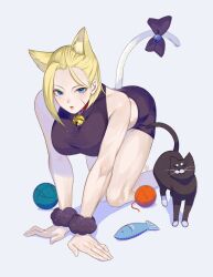  all_fours animal_ear_fluff animal_ears bell black_cat black_fur blonde_hair blue_eyes bow cammy_white cat_ears feline female grey_background highres kemonomimi_mode looking_at_viewer neck_bell parted_lips scar scar_on_face simple_background squidrilling street_fighter street_fighter_6 tail tail_bow tail_ornament yarn yarn_ball 