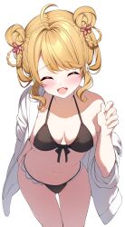  ^_^ absurdres ahoge asahi_nina bikini black_bikini blonde_hair blush breasts closed_eyes commission cowboy_shot darjeeling_(reley) double_bun female front-tie_top hair_bun hair_ornament hand_up highres indie_virtual_youtuber jacket medium_breasts navel open_clothes open_jacket open_mouth second-party_source simple_background skeb_commission smile solo swimsuit white_background white_jacket 