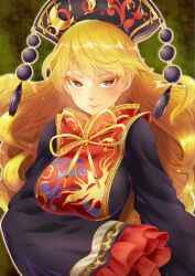  blonde_hair breasts chikado chinese_clothes closed_mouth collaboration colored_eyelashes colorized female green_background highres junko_(touhou) large_breasts long_sleeves micmic2 phoenix_crown red_eyes red_tabard ribbon sleeves_past_fingers sleeves_past_wrists solo tabard tassel touhou yellow_ribbon 