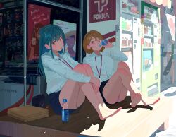  2girls aqua_hair bare_legs barefoot black_skirt blonde_hair blue_skirt blush breasts collared_shirt crossed_ankles day feet full_body green_eyes highres hipa_(some1else45) holding knee_up lanyard leaning_back legs long_hair looking_at_viewer medium_breasts miniskirt multiple_girls office_lady on_bench open_mouth original outdoors panties pencil_skirt purple_panties ramune red_eyes sekoshi_(some1else45) shadow shirt short_hair sidelocks sitting skirt soles some1else45 thick_eyebrows thighs toes underwear vending_machine white_panties white_shirt 