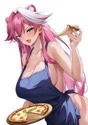  absurdres animal_ear_fluff apron blue_apron blush breasts cleavage commentary croenji dutch_angle female food hair_between_eyes hair_intakes hand_up highres holding holding_food holding_pizza hololive hololive_english large_breasts long_hair looking_at_viewer multicolored_hair naked_apron oerba_yun_fang open_mouth panther_ears panther_girl pink_hair pizza pizza_slice raora_panthera sideboob simple_background skin_fang smile solo streaked_hair symbol-only_commentary tongue two-tone_hair upper_body very_long_hair virtual_youtuber white_background white_hair yellow_eyes 