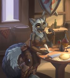  alcohol amber_eyes anthro barrel beverage bottle canid canine cheese clothed clothing collar container cup dairy_products drinking_glass female food fox fur furniture glass glass_container glass_cup hi_res inside jewelry kirillk knife mammal multicolored_body multicolored_fur red_fox sandwich_(food) silver_fox sitting solo table true_fox wine wine_glass writing_text writing_utensil 