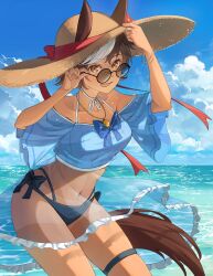  absurdres animal_ears bikini black_bikini blue_sky brown_eyes brown_fur brown_hair cloud cloudy_sky commission covered_navel day english_commentary female hat highres horse_ears horse_girl horse_tail indie_virtual_youtuber long_hair looking_at_viewer multiple_girls ocean open_mouth outdoors round_eyewear second-party_source short_sleeves sky smile solo sonota1616 straw_hat sunglasses swimsuit tail tomoe_umari tomoe_umari_(summer) virtual_youtuber white_hair 