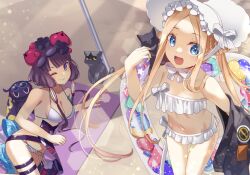  2girls abigail_williams_(fate) abigail_williams_(swimsuit_foreigner)_(fate) abigail_williams_(swimsuit_foreigner)_(third_ascension)_(fate) bare_shoulders beach beach_mat belt bikini black_cat black_jacket blonde_hair blue_eyes blush bonnet bow breasts cleavage collarbone fate/grand_order fate_(series) feline forehead goggles goggles_on_head grin hair_ornament hairbow innertube jacket katsushika_hokusai_(fate) katsushika_hokusai_(swimsuit_saber)_(fate) long_hair looking_at_viewer medium_breasts miniskirt multiple_girls navel obi octopus one_eye_closed open_mouth parted_bangs purple_hair ryofuhiko sash sidelocks skirt small_breasts smile swim_ring swimsuit thigh_strap thighs tokitarou_(fate) twintails very_long_hair white_bikini white_bow 