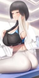  absurdres ass bare_shoulders black_hair black_sports_bra blush breasts brown_eyes cleavage female highres large_breasts long_hair looking_at_viewer looking_back masatoki open_mouth original pants sitting solo sports_bra sweat thighs towel white_pants yoga_pants 