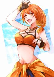  :d arm_up bare_shoulders bikini black_gloves breasts cleavage cowboy_shot female fingerless_gloves fire_emblem fire_emblem:_three_houses fire_emblem_heroes gloves highres leonie_pinelli leonie_pinelli_(summer) long_hair medium_breasts official_alternate_costume open_mouth orange_bikini orange_eyes orange_hair smile solo standing swimsuit yutohiroya 