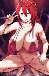  ahoge bikini blue_fire blue_hair breasts cafekun colored_inner_hair elizabeth_rose_bloodflame female fire hololive hololive_english huge_ahoge huge_breasts long_hair looking_at_viewer multicolored_hair open_mouth pink_bikini red_eyes red_hair smile solo squatting swimsuit v very_long_hair virtual_youtuber 