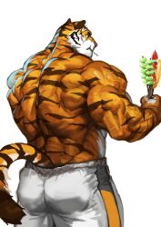  absurd_res anthro back_muscles biceps coach_ho felid food hi_res male mammal muscular muscular_anthro muscular_male pantherine solo tail tiger traver009 vein veiny_muscles 