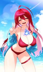  absurdres ahoge beach blue_cardigan blue_fire blue_sky blush breasts cardigan cleavage closed_eyes cloud colored_inner_hair elizabeth_rose_bloodflame female fire highres hololive hololive_english large_breasts looking_at_viewer multicolored_hair open_mouth radi_(pixiv_88192217) red_hair sand sky smile solo thigh_strap v virtual_youtuber water 