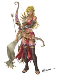  absurdres blonde_hair bow_(weapon) dark-skinned_female dark_skin female fire_emblem fire_emblem:_the_binding_blade gold highres igrene_(fire_emblem) jewelry smile tassel thighhighs tsukimura_(d24f4z8j3t) weapon white_background yellow_eyes 