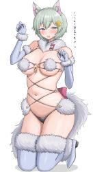  alternate_animal_ears alternate_costume animal_ear_fluff bikini blue_eyes boots breasts claw_pose commentary_request cosplay elbow_gloves fate/grand_order fate_(series) female fur-trimmed_bikini fur-trimmed_collar fur-trimmed_footwear fur-trimmed_gloves fur_trim gloves grey_footwear grey_gloves grey_hair hair_between_eyes highres horse_girl kneeling mash_kyrielight mash_kyrielight_(dangerous_beast) mash_kyrielight_(dangerous_beast)_(cosplay) o-ring o-ring_top open_mouth seiun_sky_(umamusume) short_hair simple_background solo sukenoha sweat swimsuit thigh_boots thighs umamusume white_background 