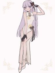  alternate_costume armlet bare_shoulders black_bow black_gloves blunt_bangs bow braid china_dress chinese_clothes closed_mouth danganronpa:_trigger_happy_havoc danganronpa_(series) dress expressionless female full_body gloves hair_ribbon hairbow high_heels kirigiri_kyoko long_hair pink_eyes raamensusure red_ribbon ribbon side_braid simple_background solo white_background 