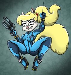  animaniacs anthro bad_trigger_discipline blonde_hair bodysuit clenched_teeth clothing female fur gun hair handgun hi_res holding_gun holding_handgun holding_object holding_pistol holding_ranged_weapon holding_weapon mammal metroid minerva_mink mink mustelid musteline navel nintendo pistol ponytail ranged_weapon shinragod skinsuit solo spread_legs spreading suspension teeth tight_clothing true_musteline warner_brothers weapon white_body white_fur zero_suit 