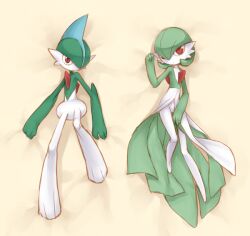  bad_id bad_pixiv_id bob_cut colored_skin dress gallade gardevoir green_hair hair_over_one_eye looking_at_viewer lying multicolored_skin on_back pokemon pokemon_(creature) red_eyes two-tone_skin utsugi_(skydream) white_dress white_skin 